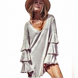 FP Beach Seashore Ruffle Bell Knit Mini Dress In Oatmeal sz M